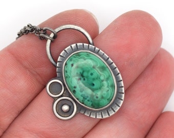 Malachite Necklace, Oxidized Silver Pendant Inspired by Space on Sterling Silver Rolo Chain, Metalsmith Jewelry