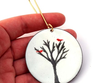 Enameled Christmas Ornament: Red Cardinal, Winter Tree, Handmade Holiday