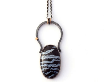 Unique Pendant, Oval Zebra Stone Set in Recycled Sterling Silver and Accented with 14K Gold, 20-inch Cable Chain with Handmade Hook Clasp