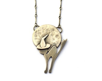 Sterling Silver Halloween Cat Necklace: Witch's Familiar, Full Moon