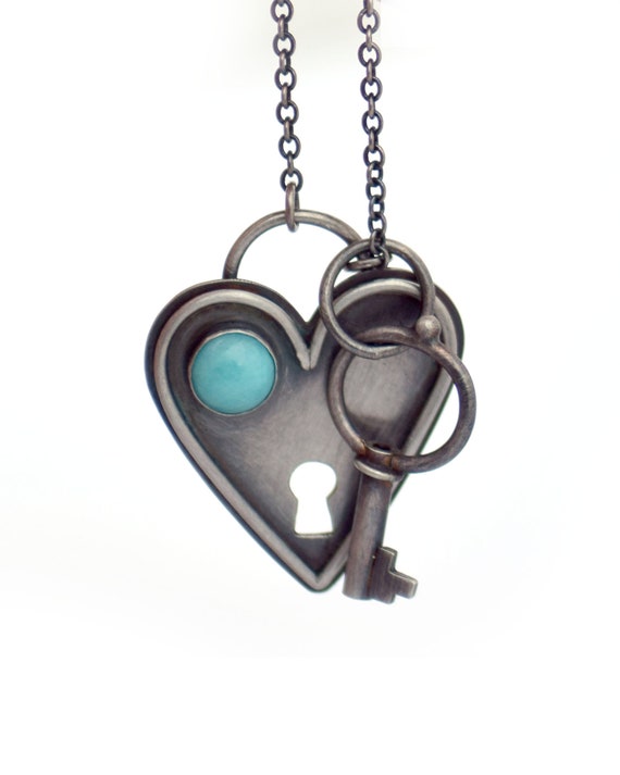 Silver Heart Shaped Lock & Key Charm Necklace