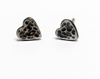 Hammered Heart Studs, Blackened Silver, Sterling Silver Post Earring, Oxidized Silver Earrings, Heart Earrings, Valentine Earrings