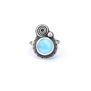 Boho Ring, Larimar Ring, Oxidized Silver Ring with Spiral Accent, Beach Jewelry, Sterling Silver Ring, Metalsmith Jewelry, Size 6.75