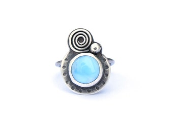 Boho Ring, Larimar Ring, Oxidized Silver Ring with Spiral Accent, Beach Jewelry, Sterling Silver Ring, Metalsmith Jewelry, Size 6.75