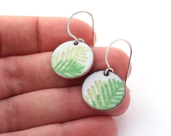 Fir Branch Enamel Earrings: Green & White Sterling Silver Jewelry