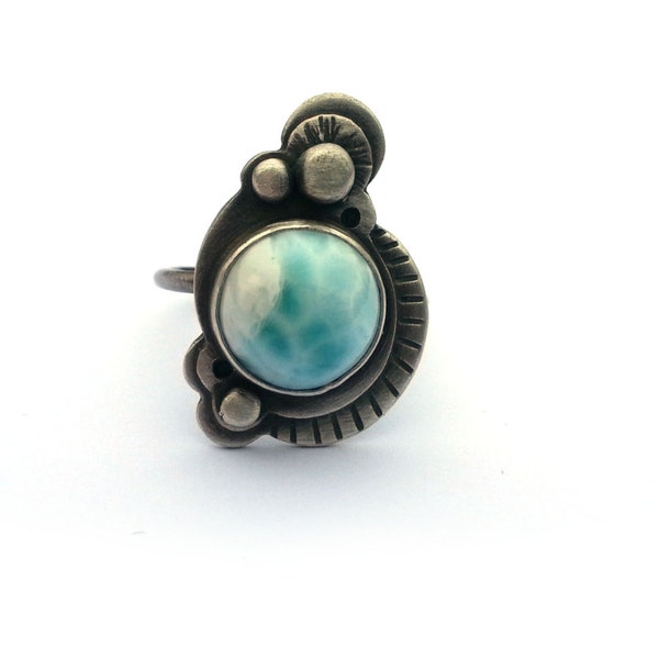 Larimar and Sterling Silver Statement Ring Size 8, Oxidized Silver and Larimar Ring Inspired by Space, One Of A Kind Industrial Jewelry