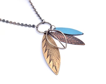 Mixed Metal Leaf Necklace: Sterling Silver, Copper, Brass, Enamel