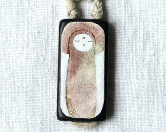 Jizo Necklace - Hand Painted, Paper Decoupage on Bamboo Tile, Woven, Braided