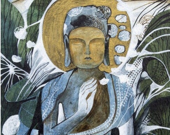 Buddha dei fiori – Stampa artistica giclée A6 (formato cartolina) del dipinto originale – Stampa artistica di Komyo