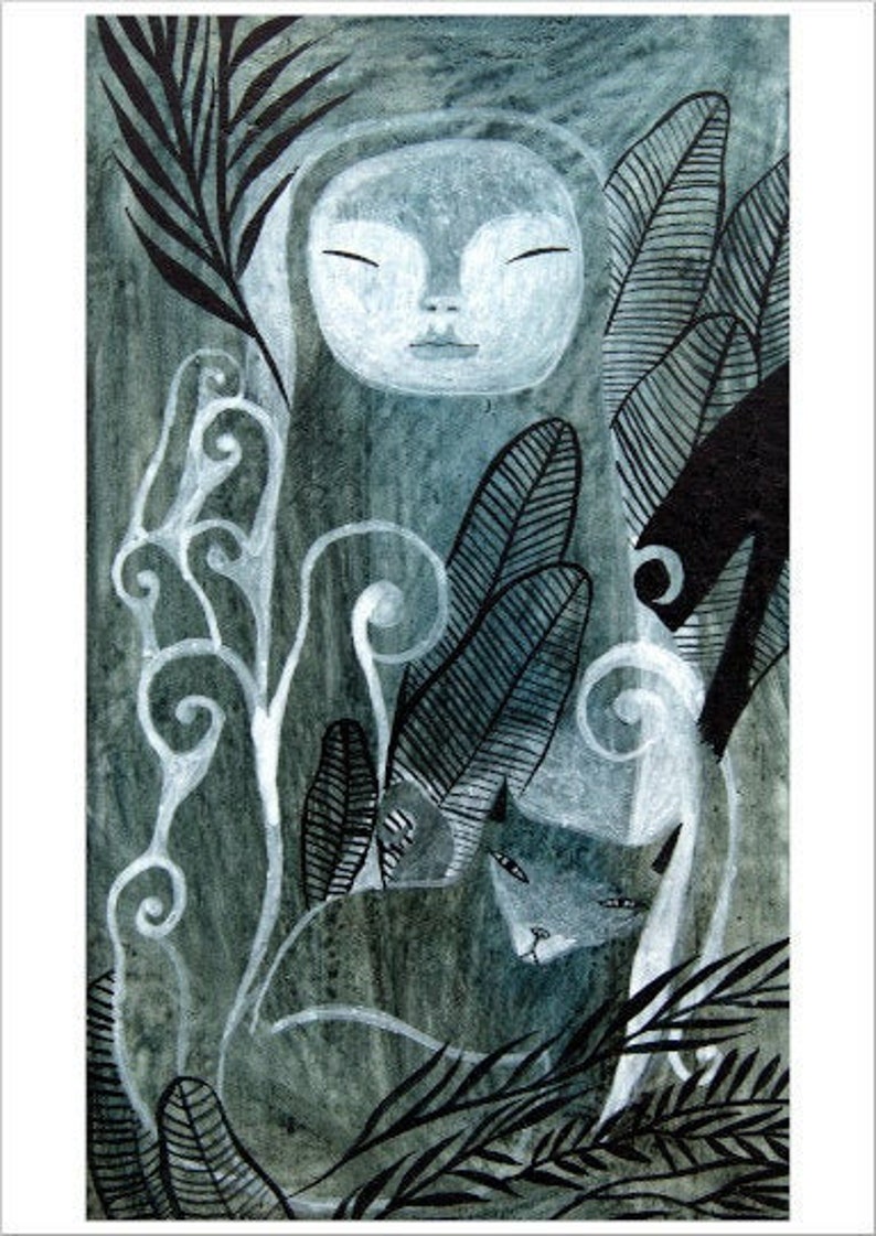 Jizo Bodhisattva and Fox A6 postcard size giclee fine art print of original painting Art Print by Komyo image 1