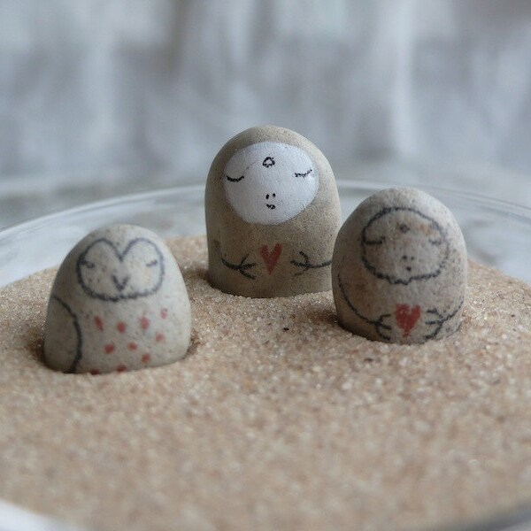 Tiny Tan Beach Stone Collection of Three -  Two Jizo Bodhisattvas and One Owl