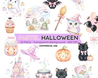 Pacchetto di clipart di Halloween con graziosi colori pastello, PNG kawaii di fantasmi e zucche, adesivi digitali di streghe e gatti, grafica spettrale a sublimazione