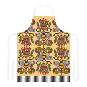 Queen Bee apron- yellow, floral flower lover, cooking kitchen housewarming gifts for her mom, colorful artsy cute, canvas, romyandclare