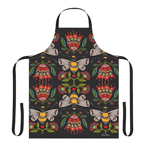 Queen Bee Apron- black, floral flower nature bumble lover, cooking kitchen housewarming gifts for her mom, colorful artsy cute, canvas