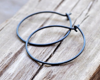 Medium Oxidised Sterling Silver Hoop Earrings. Everyday Wear. Black. Charcoal. Grey. Gray. Oxidised. Eco.