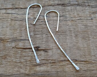 Minimalist Sterling Silver Long Curved Hammered Dangle Earrings. Lightweight Hypoallergenic Jewellery.