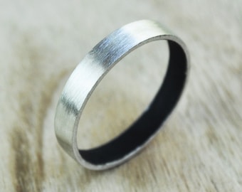 Women's Silver Wedding Ring. Flat, 3.7mm wide. Recycled Sterling Silver with the Inside Oxidized. Grey/Black. Comfy and lightweight.