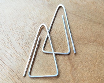 Minimalist Sterling silver threader earrings, folded triangle design, handmade from lightweight recycled sterling silver. Folded.