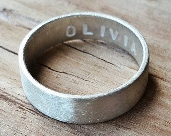 Custom Message Ring. Secret Custom Stamped Sterling Silver Wedding Band. Personalized. 6mm. Flat Ring. Brushed Finish. Eco.