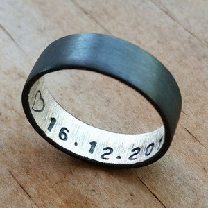 Personalized Sterling Silver Secret Message Ring. Custom Stamped Wedding Band. Oxidized. 6mm. Wedding Ring. Flat Ring. Black. Grey image 2