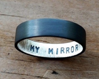 Custom Stamped Men's Ring. Sterling Silver Wedding Band. Personalized. 6mm wide, flat profile. Black/Grey finish.