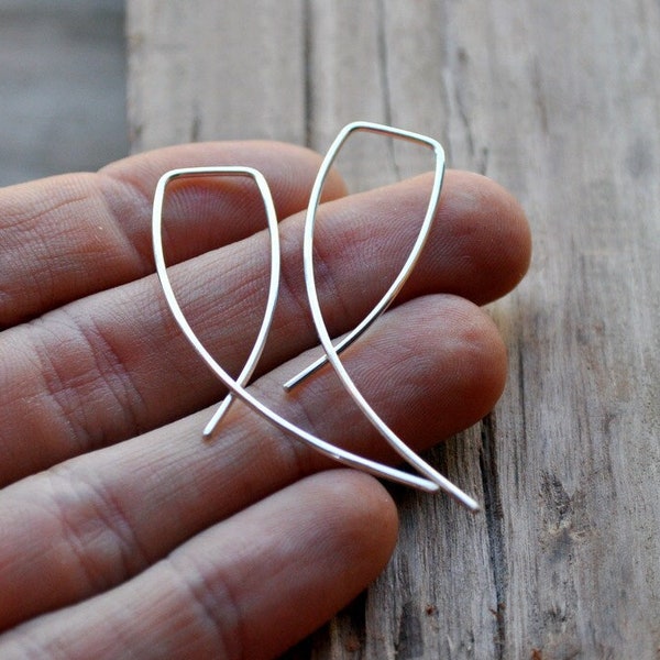 Minimalist Sterling Silver Earrings. Curved dangle threader earrings. Lightweight recycled eco silver - handmade in Australia. Entwined.