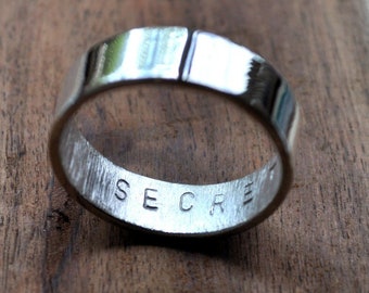 Men's 6mm Flat High Shine Secret Message Ring. Custom Stamped Sterling Silver Wedding Band. Personalized. Eco, Ethical, Recycled.