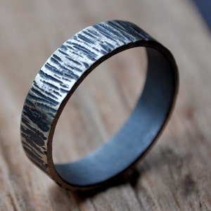 Rustic Men's Wedding Ring. Oxidized Distressed. 6mm Wide Flat Band. Made in your custom size from recycled ethical silver. image 1