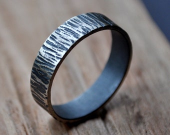 Rustic Men's Wedding Ring.  Oxidized + Distressed. 6mm Wide Flat Band. Made in your custom size from recycled + ethical silver.