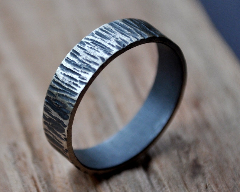 Rustic Men's Wedding Ring. Oxidized Distressed. 6mm Wide Flat Band. Made in your custom size from recycled ethical silver. image 1