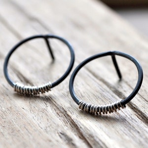 Silver Lining Small Hoop Earrings Grey Oxidised Sterling Silver with a Splash of Contrasting Bright Sterling Silver Coil. image 1