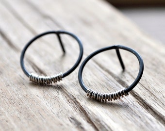 Silver Lining Small Hoop Earrings - Grey Oxidised Sterling Silver with a Splash of Contrasting Bright Sterling Silver Coil.