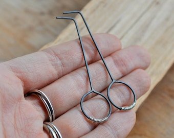 Silver Lining Long Hoop Earrings - Dark Grey Oxidised Sterling Silver with a Splash of Silver Coil