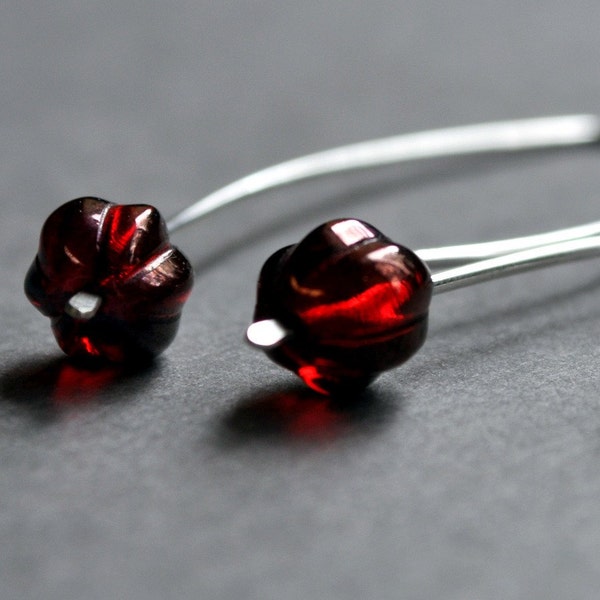Earrings. Modern Contemporary Simple Sleek Elegant Design. Sterling Silver Jewelry. Handmade by Epheriell on Etsy. Life-Blood Red Beads.