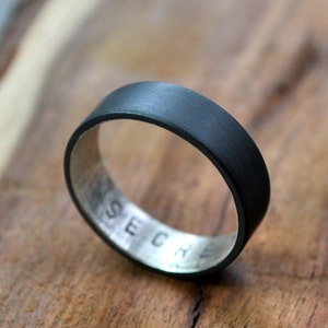 Personalized Sterling Silver Secret Message Ring. Custom Stamped Wedding Band. Oxidized. 6mm. Wedding Ring. Flat Ring. Black. Grey image 4