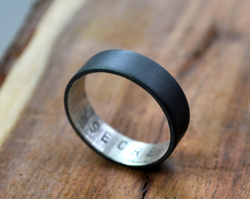 Personalized Sterling Silver Secret Message Ring. Custom Stamped Wedding Band. Oxidized. 6mm. Wedding Ring. Flat Ring. Black. Grey image 4