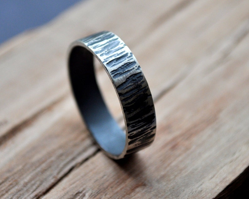 Rustic Men's Wedding Ring. Oxidized Distressed. 6mm Wide Flat Band. Made in your custom size from recycled ethical silver. image 2