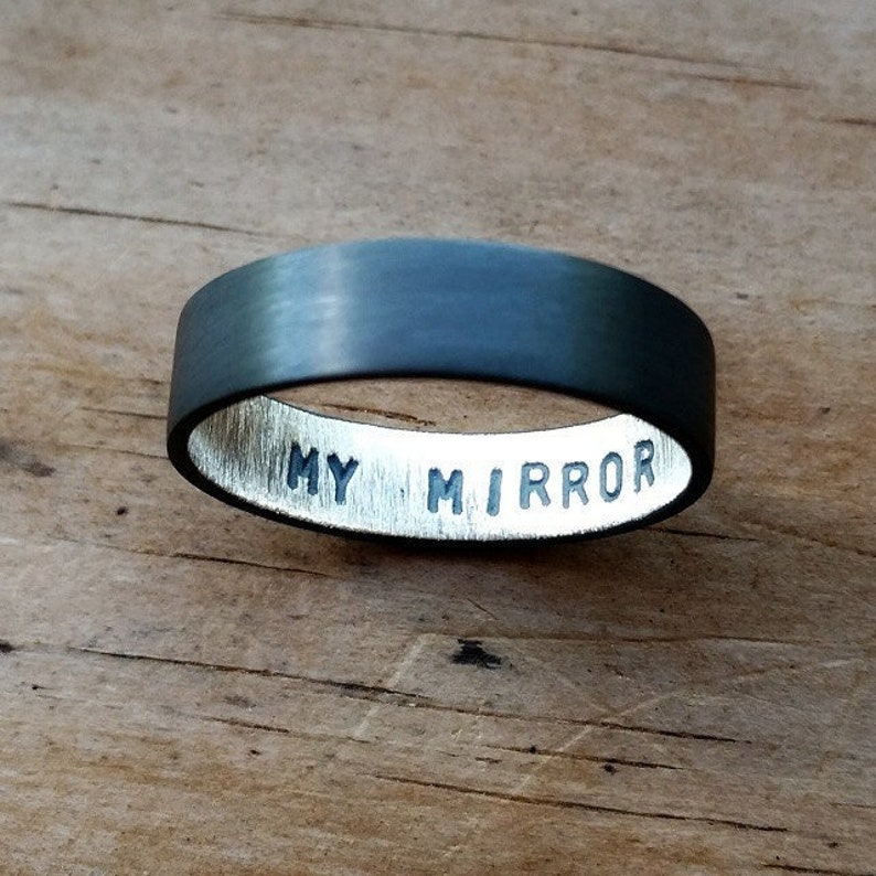 Custom Stamped Men's Ring. Sterling Silver Wedding Band. Personalized. 6mm wide, flat profile. Black/Grey finish. image 1