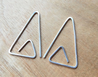 Minimalist triangle sterling silver threader earrings, geometric spiral, lightweight everyday wear. Fault-Block.