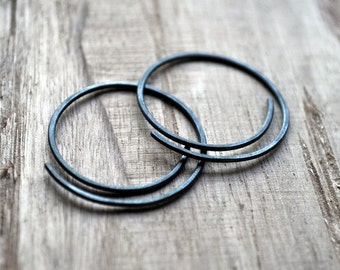 Minimalist, Threader Half-Spiral Hoop Earrings. Black Sterling Silver Jewellery. Handmade. Modern. Minimalist. Contemporary.