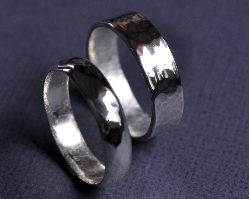 His and His Faceted Sterling Silver Wedding Band Set. Flat 6mm and Half-round 5mm Wedding Rings. Handmade in your custom size. image 1