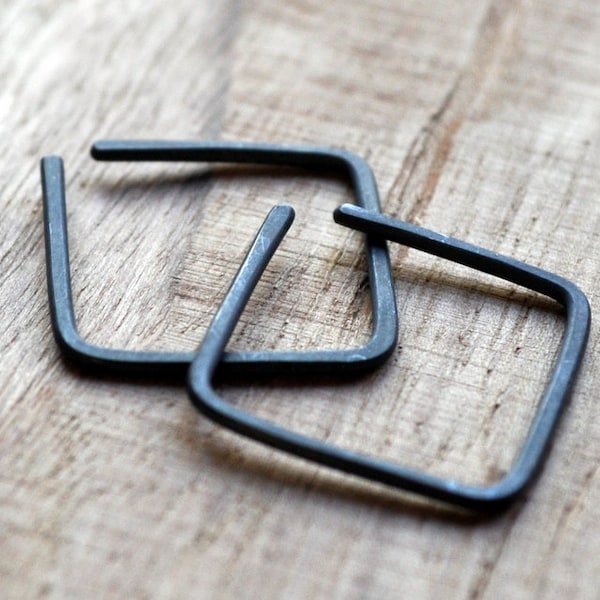 Black Little Square Hoop Earrings. Oxidised Sterling Silver Jewellery. Oxidized Jewelry. Modern Contemporary Simple Sleek Elegant Design.