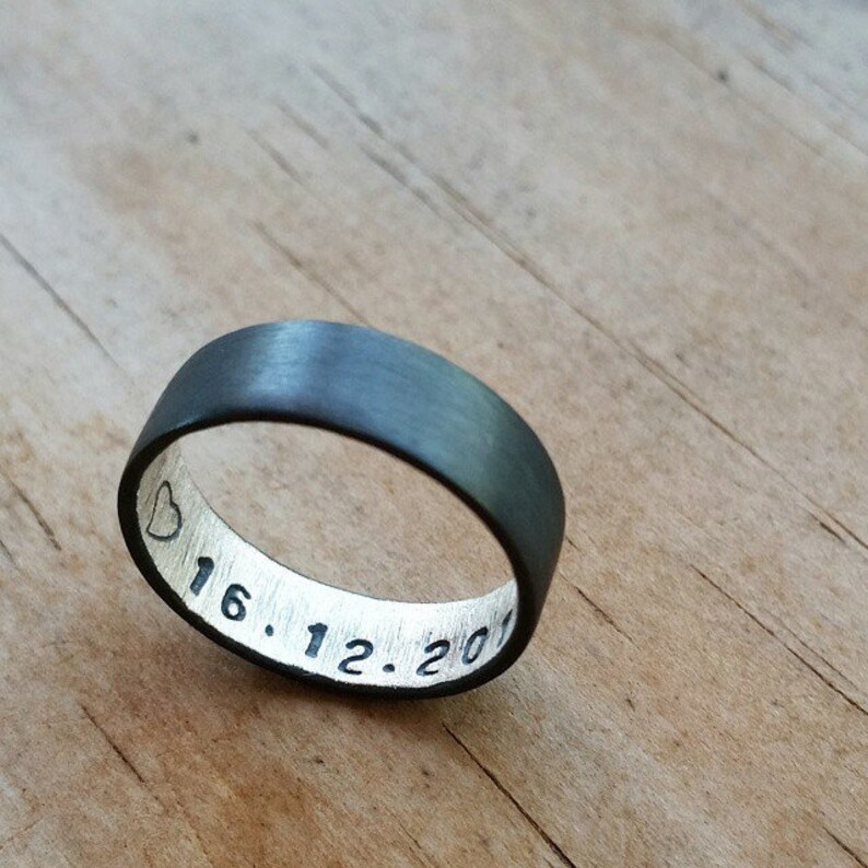 Personalized Sterling Silver Secret Message Ring. Custom Stamped Wedding Band. Oxidized. 6mm. Wedding Ring. Flat Ring. Black. Grey image 2