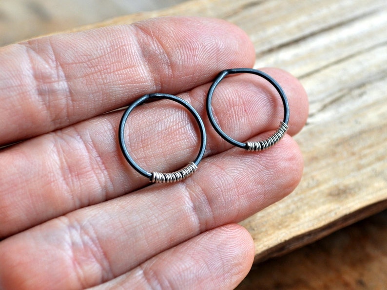 Silver Lining Small Hoop Earrings Grey Oxidised Sterling Silver with a Splash of Contrasting Bright Sterling Silver Coil. image 4