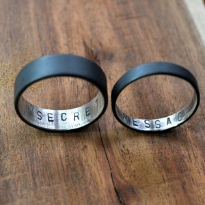 Custom Secret Message Rings. Personalised Stamped Oxidized Sterling Silver Wedding Bands. 6mm. 3.7mm. Wedding Ring Set. Wide Flat Rings.