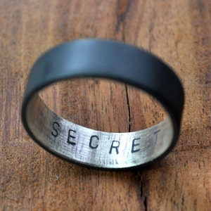 Custom Stamped Men's Ring. Sterling Silver Wedding Band. Personalized. 6mm wide, flat profile. Black/Grey finish. image 5