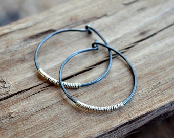 Silver Lining Hoop Earrings - Oxidised Sterling Silver Handmade Hoops with a Contrasting Silver Coil.