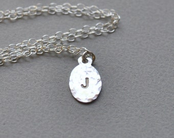 Petite Custom Initial Necklace. Sterling Silver. Hammered Detail. Tiny. Small. Delicate. Fine. Personalized Jewelry.