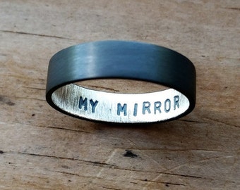 Personalized Sterling Silver Secret Message Ring. Custom Stamped Wedding Band. Oxidized. 6mm. Wedding Ring. Flat Ring. Black. Grey