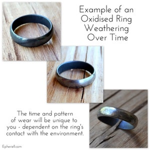 May include: Three images showing the same oxidized silver ring on a wooden surface. The images show the ring at different stages of weathering, demonstrating how the ring will change over time.